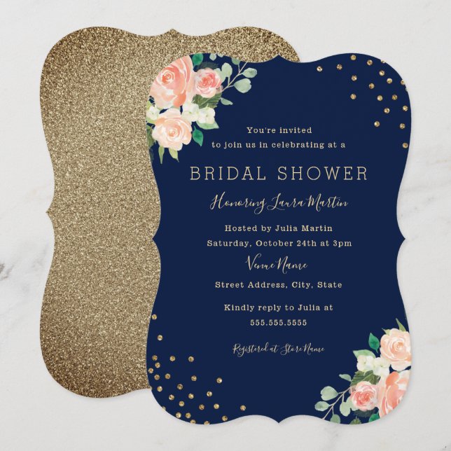 Convites Chá de Noiva Navy Peach Gold Floral Confetti (Frente/Verso)