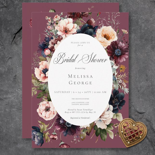Convites Chá de Noiva Oval Floral Burgundy Escuro (Dark Burgundy Oval Floral Frame Bridal Shower Invitation)