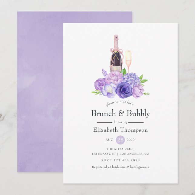 Convites Chá de Noiva Pastel Violeta Floral Brunch & Bubbly (Frente/Verso)