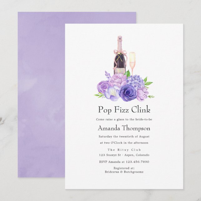 Convites Chá de Noiva Pastel Violeta Floral Pop Fizz Clink (Frente/Verso)