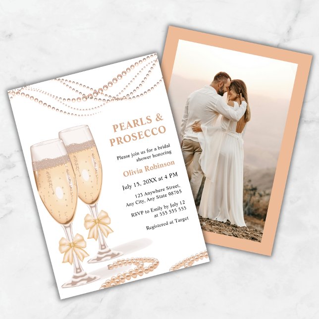 Convites Chá de Noiva Pérolas e Prosecco Arco Dourado (Photo Elegant Gold Bow Pearls and Prosecco Bridal Shower Invitation )