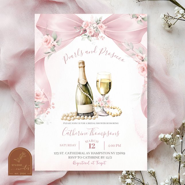 Convites Chá de Noiva Pérolas e Prosecco Coquette Rosa (Criador carregado)