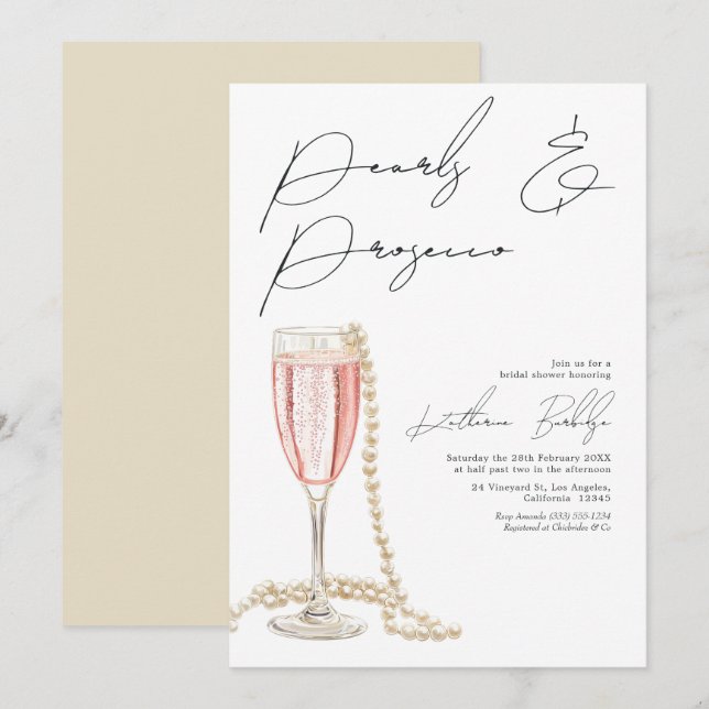 Convites Chá de Noiva Pérolas Elegantes e Prosecco (Frente/Verso)