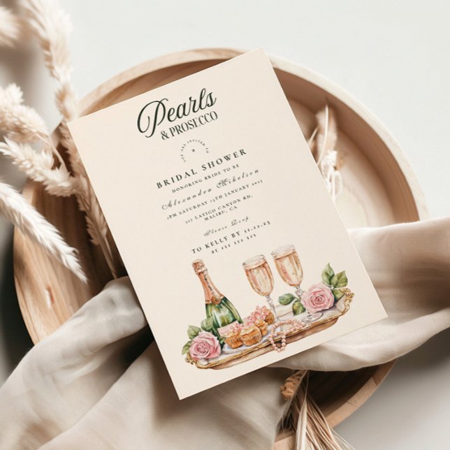 Convites Chá de Noiva Pérolas Elegantes e Prosecco (Criador carregado)