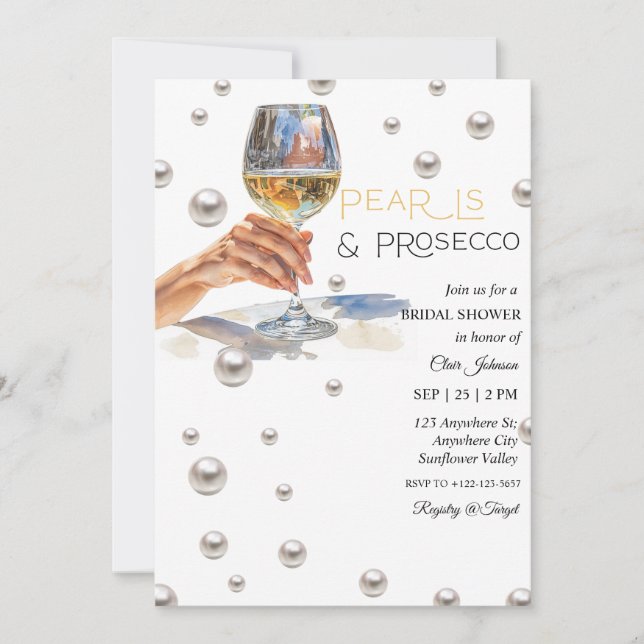 Convites Chá de Noiva Pérolas Elegantes e Prosecco (Frente)