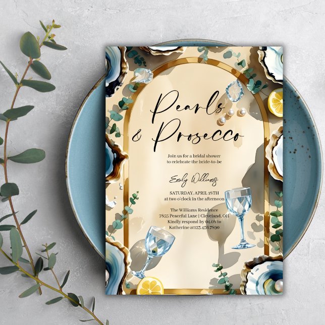Convites Chá de Noiva Pérolas Elegantes & Prosecco (Pearls & Prosecco Bridal Shower – Oyster, Bubbly Glasses, Luxe Arch, Personalized)