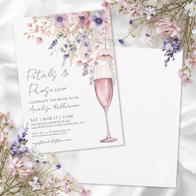 Convites Chá de Noiva Pétalas e Prosecco com Flores Silvest (Petals And Prosecco Wildflower Bridal Shower Invitation)
