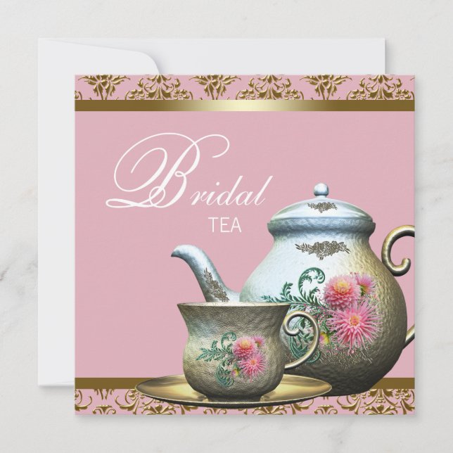 Convites Chá de Noiva Pink Gold Damask (Frente)