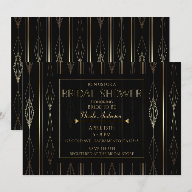 Convites Chá de Noiva Preto e Dourado Art Déco (Frente/Verso)