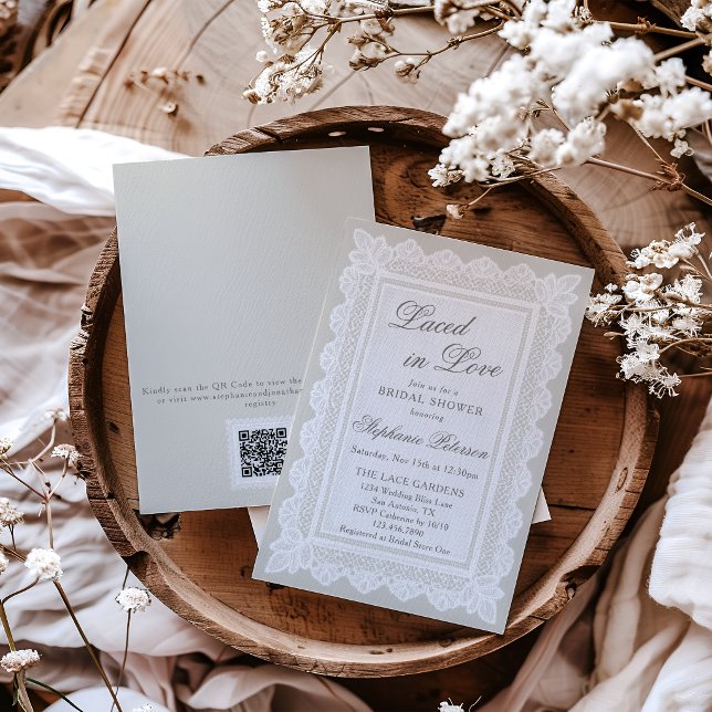 Convites Chá de Noiva Renda Creme Código QR Laced in Love (Criador carregado)
