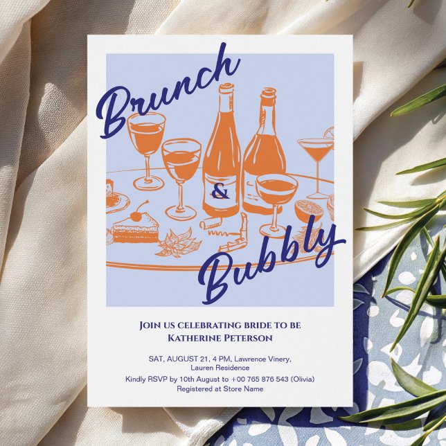 Convites Chá de noiva retrô azul laranja “Brunch & Bubbly” (Criador carregado)