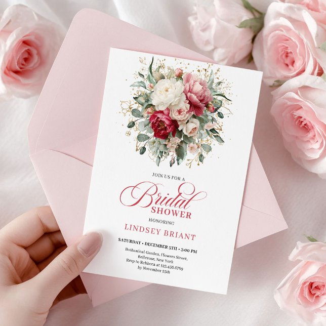 Convites Chá de Noiva Romântico Boêmio Vermelho Branco Folh (Romantic Bohemian Red White Greenery Bridal Shower)