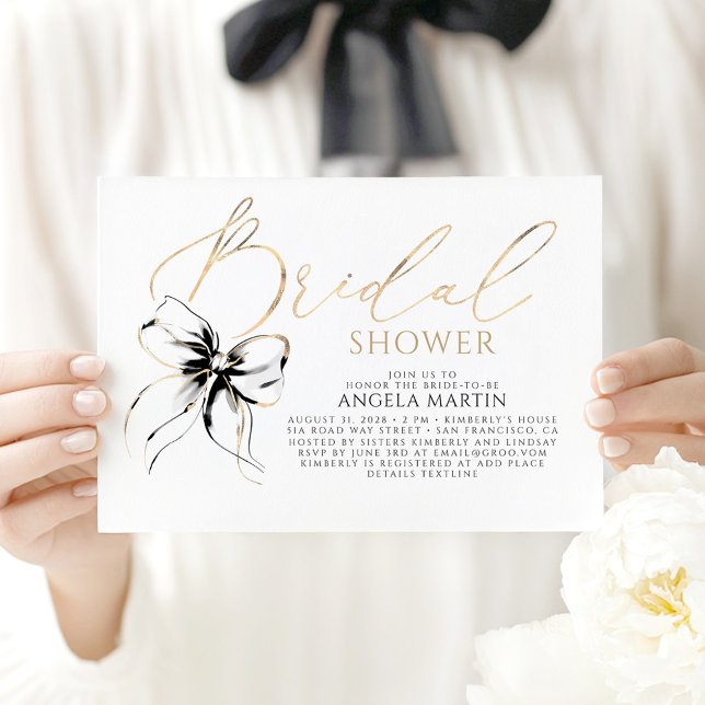 Convites Chá de Noiva Romântico Moderno e Elegante com Laço (Black Bow Bridal Shower Invitations)