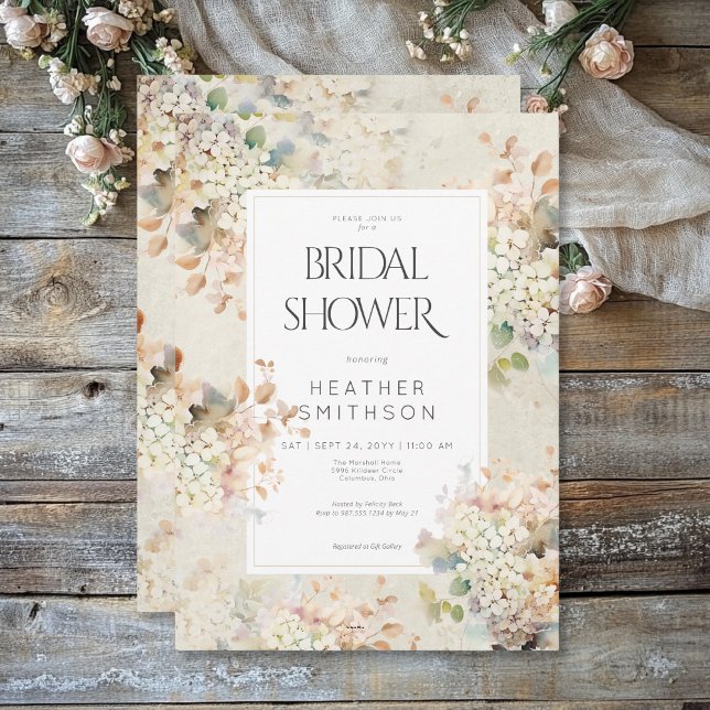Convites Chá de Noiva Romântico Neutro Vintage com Hortênsi (Romantic Neutral Vintage Hydrangeas Bridal Shower Invitation)