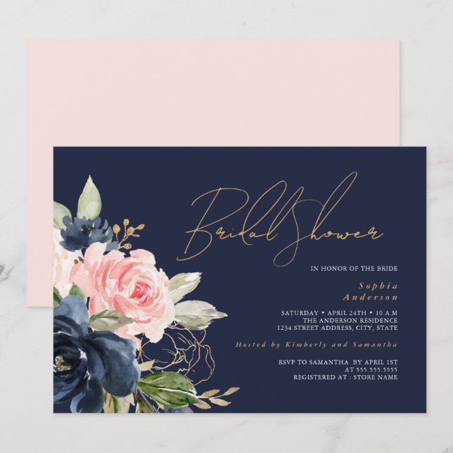 Convites Chá de Noiva Rosa Bege Dourado Floral (Frente/Verso)