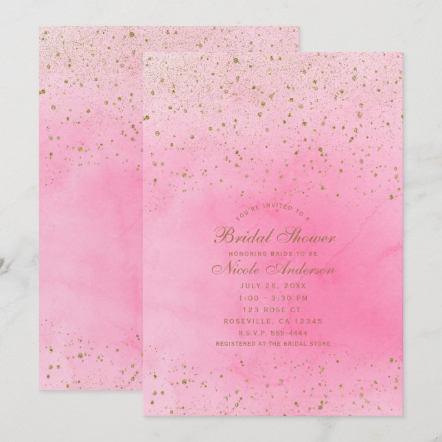 Convites Chá de Noiva Rosa Cor-de-Rosa e Dourado com Brilho (Frente/Verso)