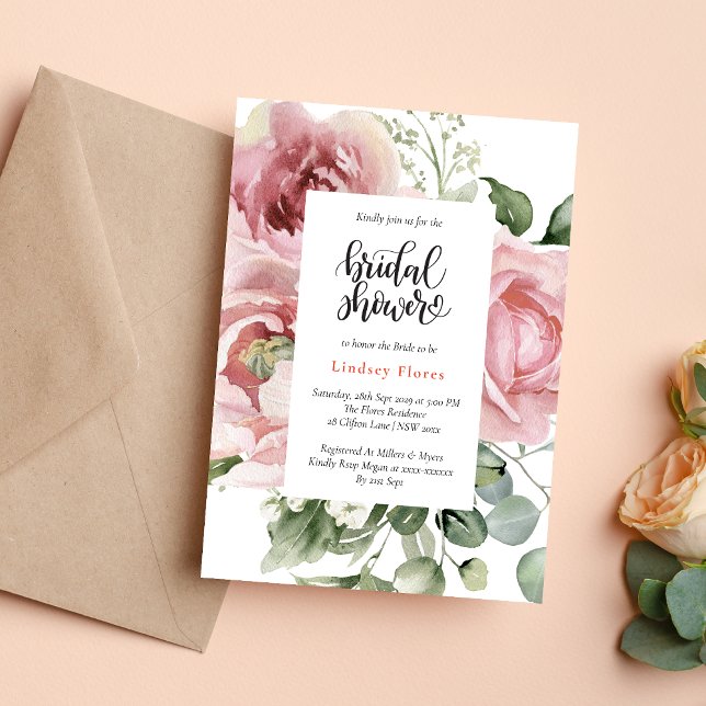 Convites Chá de Noiva Rosa Floral Aquarela Moderno (Pink floral watercolor modern invitation creates a fresh, stylish bridal shower tone)