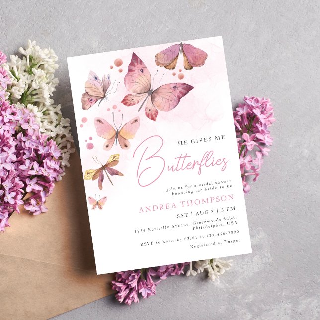 Convites Chá de Noiva Rosa Moderno Ele Me Dá Borboletas no  (Criador carregado)