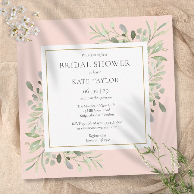 Convites Chá de Noiva Rosa Toque de Elegância (Elegant Blush Pink Greenery Bridal Shower Invitation)