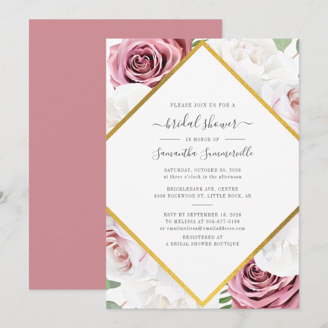 Convites Chá de Noiva Rose Gold Floral Botânico Geométrico (Frente/Verso)