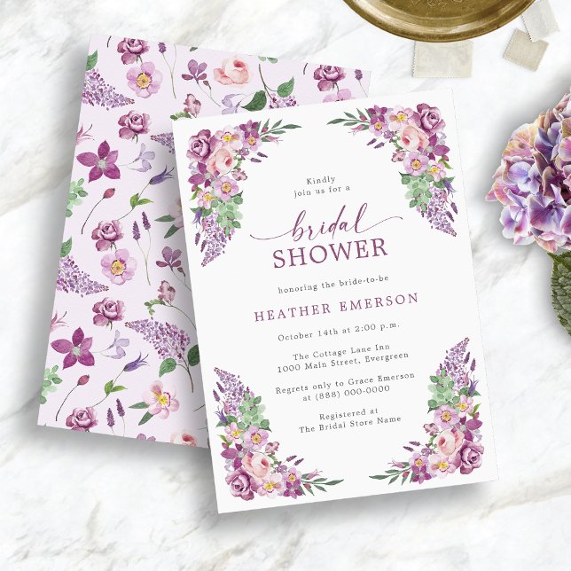 Convites Chá de Noiva Roxo Floral (Lavender Vintage Bridal Shower Invitation
)