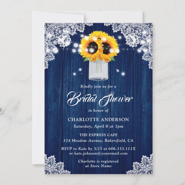 Convites Chá de Noiva Rustico Azul Marinho com Renda de Mad (Frente)