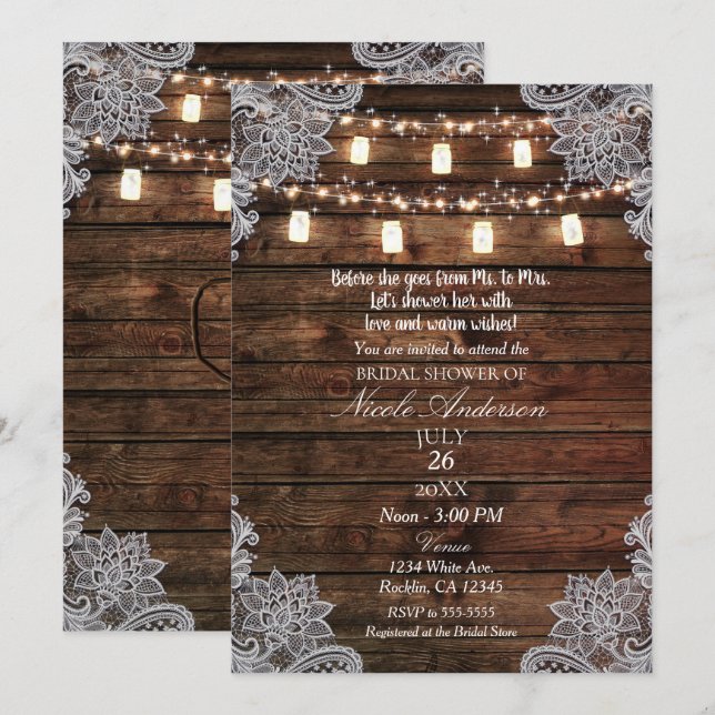 Convites Chá de Noiva Rústico com Madeira de Celeiro e Pote (Frente/Verso)