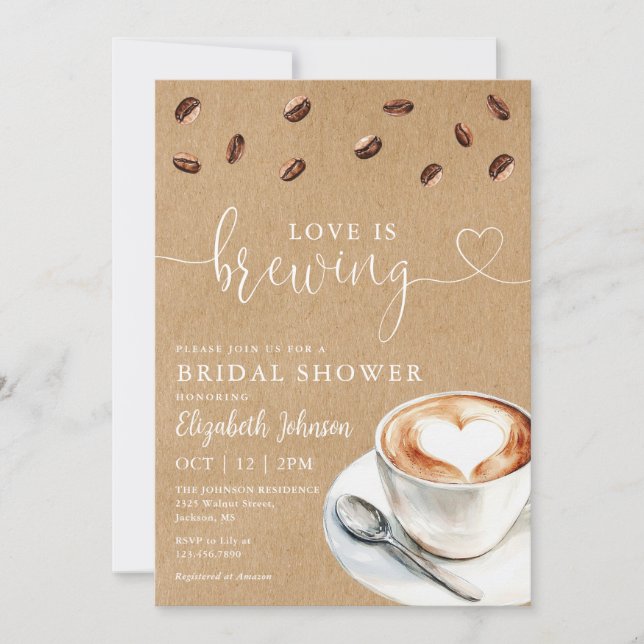 Convites Chá de Noiva Rústico Kraft Love Is Brewing Coffee (Frente)