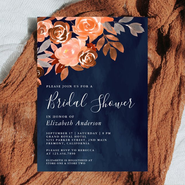 Convites Chá de Noiva Rústico Terracota Floral Azul Naval (Criador carregado)