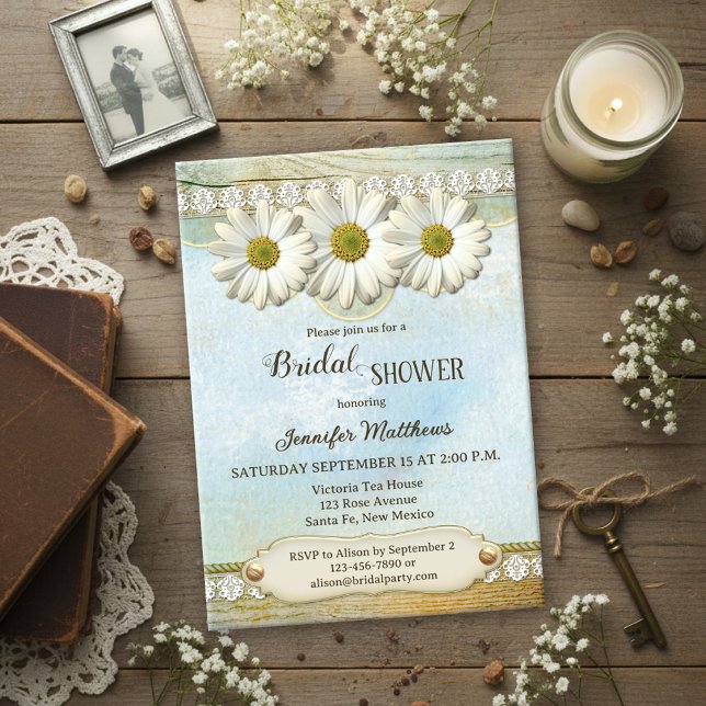 Convites Chá de Noiva Rústico Vintage com Margaridas (Bridal shower invitation showing daisies on a watercolor background with rustic wood - with QR code)