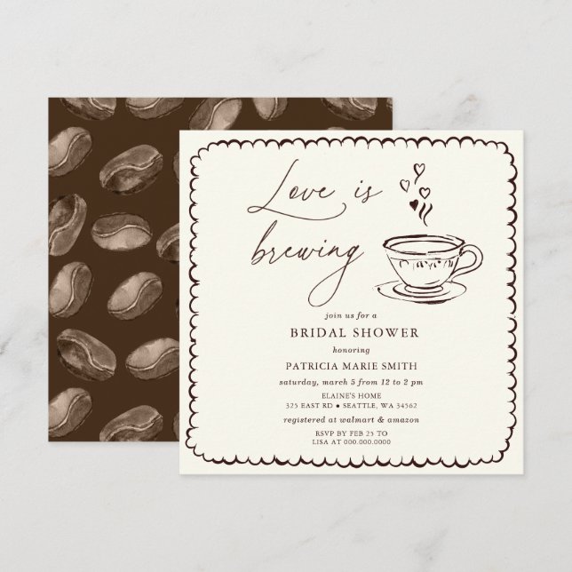 Convites Chá de Noiva Simple Love is Brewing Coffee (Frente/Verso)