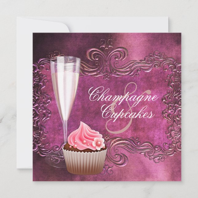 Convites Chá de Noiva Sofisticado com Champanhe e Cupcake (Frente)