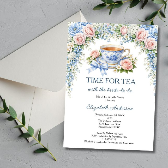 Convites Chá de Noiva Tema Festa do Chá, Florais de Jardim  (Time For Tea with the Bride to be. Bridal Shower Tea Party Invitation. Pink Blue Florals. )