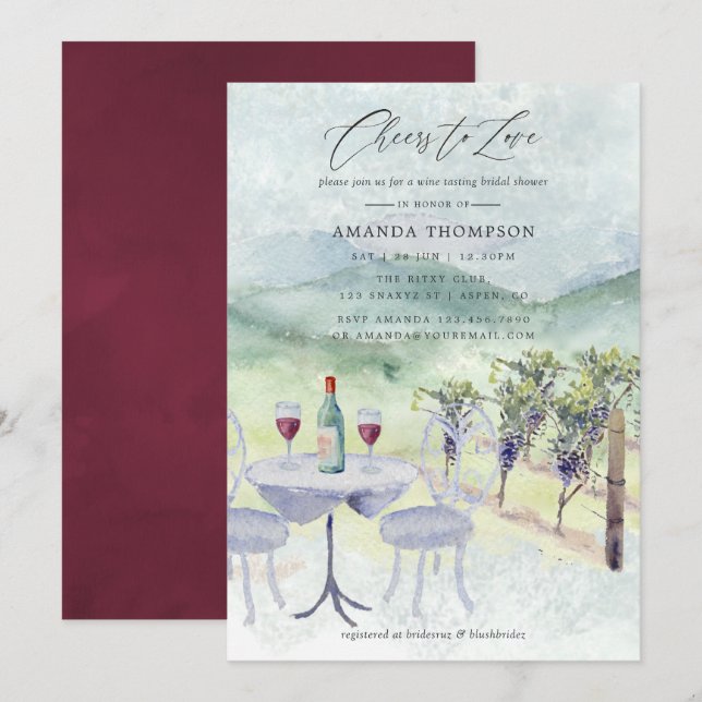Convites Chá de Noiva temático de Degustação de Vinho com A (Frente/Verso)