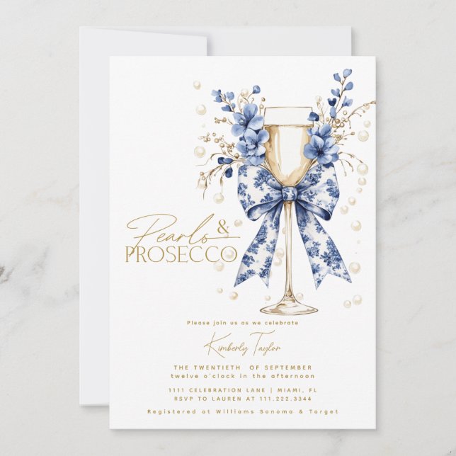 Convites Chá de Noiva Toile Bow Floral Pérolas & Prosecco (Frente)