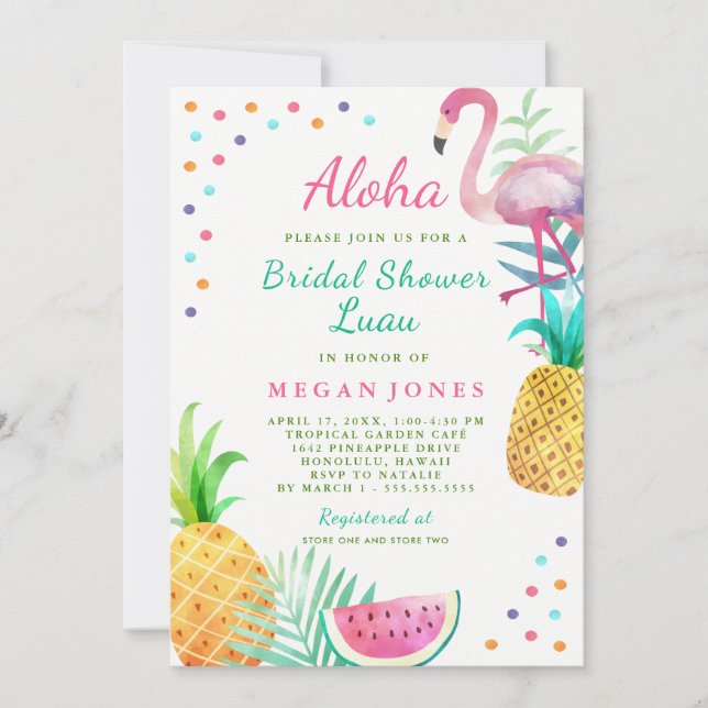 Convites Chá de Noiva Tropical Flamingo Abacaxi Luau (Frente)
