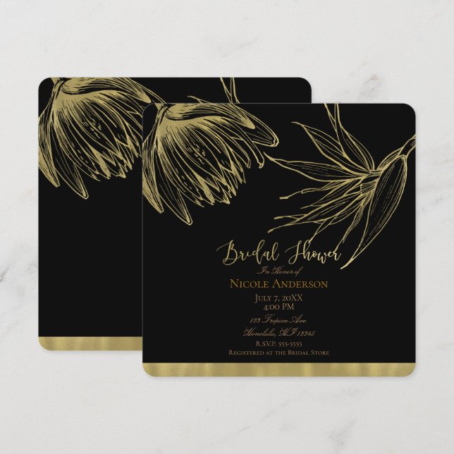 Convites Chá de Noiva Tropical Moderno com Dourado e Preto  (Frente/Verso)