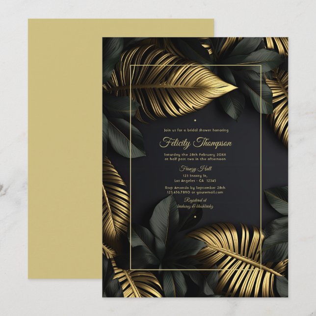 Convites Chá de Noiva Tropical Preto e Dourado (Frente/Verso)