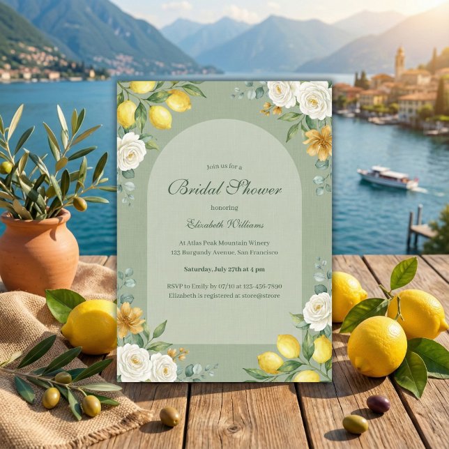 Convites Chá de Noiva Verde Cítrico e Salva Italiano (Sage Green Bridal Shower – Lemons, White Roses & Eucalyptus, Arch, Personalized)