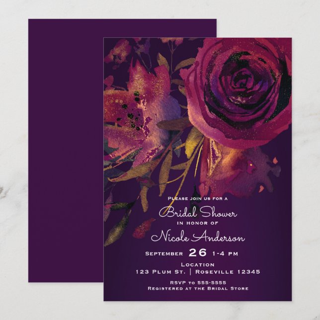 Convites Chá de Noiva Vinho Borgonha Floral Rosa Roxo (Frente/Verso)