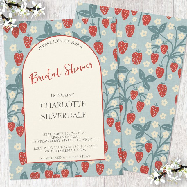 Convites Chá de Noiva Vintage Morango Silvestre (Vintage inspired wild strawberry plant bridal shower invitation)