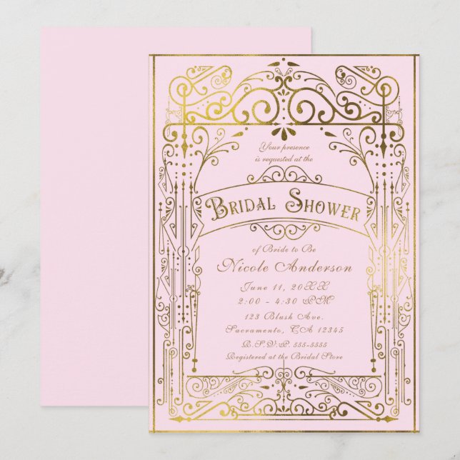 Convites Chá de Noiva Vintage Rosa e Dourado Estilo Vitoria (Frente/Verso)