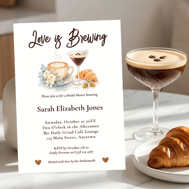 Convites Chá de Noiva Watercolor Cafe Espresso Martini (Coffee Martini Love is Brewing Bridal Shower Invitation)