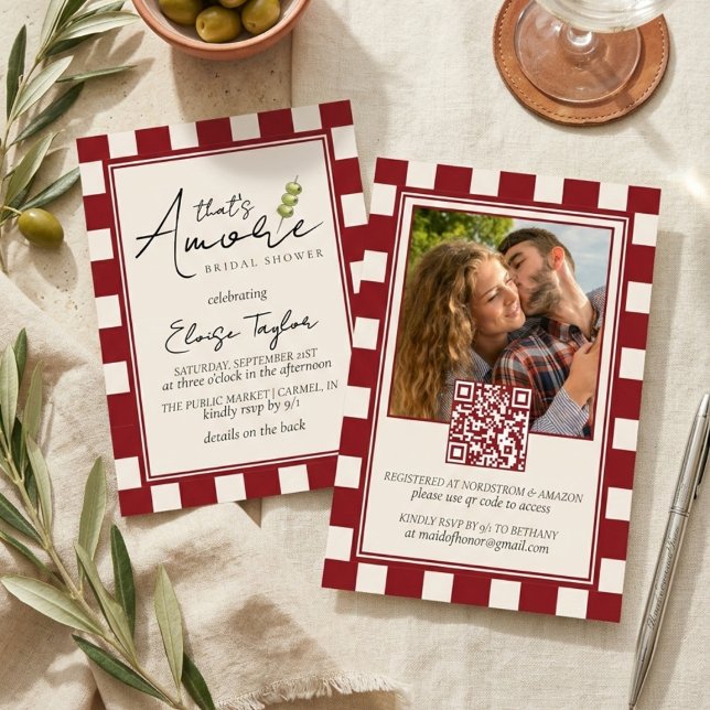 Convites Chá de Noiva Xadrez Vermelho That's Amore  (That's Amore Red Checkered Bridal Shower Invitation)