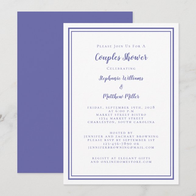 Convites Chá de Noivado Casal Engajamento Azul Periwinkle (Frente/Verso)
