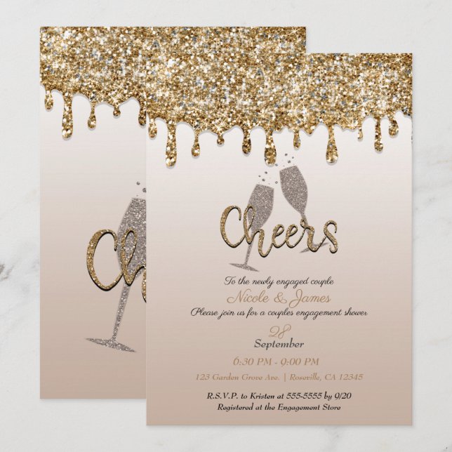 Convites Chá de Noivado com espuma de gota brilhante Dourad (Frente/Verso)