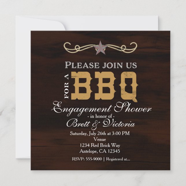 Convites Chá de Noivado de Madeira Ocidental BBQ Festa de C (Frente)