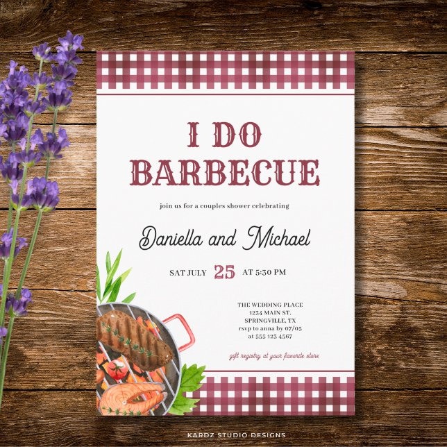 Convites Chá de Noivado Rústico Casual Eu Caso Churrasco (The front of the invitation is shown at a 5x7 inch size. Choose size, paper, + corner style.)