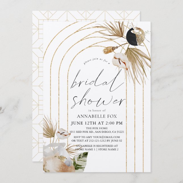 Convites Chá de panela abstrato Boho Dourado Arches (Frente/Verso)