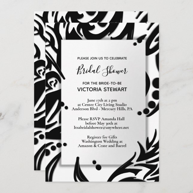 Convites Chá de panela abstrato preto e branco tribal (Frente/Verso)